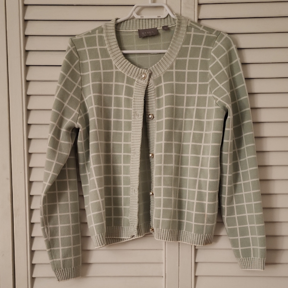 Cyrus Green and White Cardigan Sweater